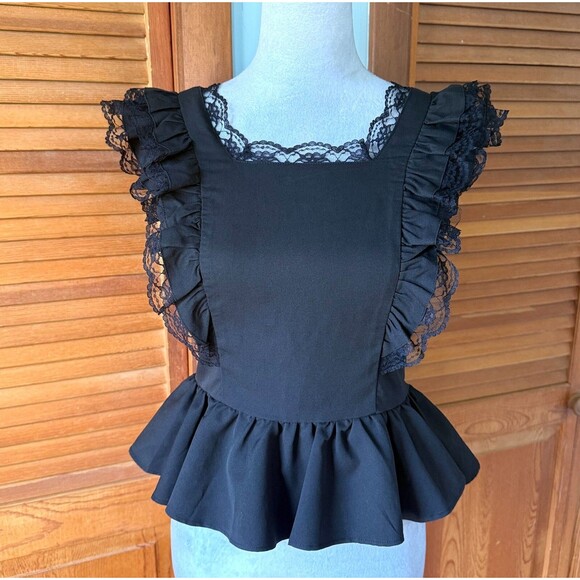 Evelyn Tops - Evelyn Gothic Lolita Victorian EGL J-fashion Jirai Black Ruffle Peplum Top M